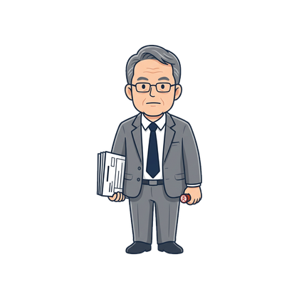 An illustrated government office clerk holding forms and a hanko stamp