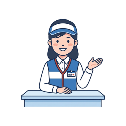 An illustrated convenience store clerk explaining something helpfully