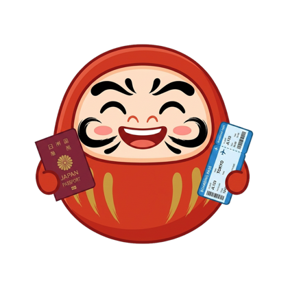 The Daruma mascot holding a Japanese passport and a boarding pass