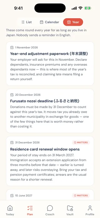The multi-year view — residence card renewal, tax, pension.