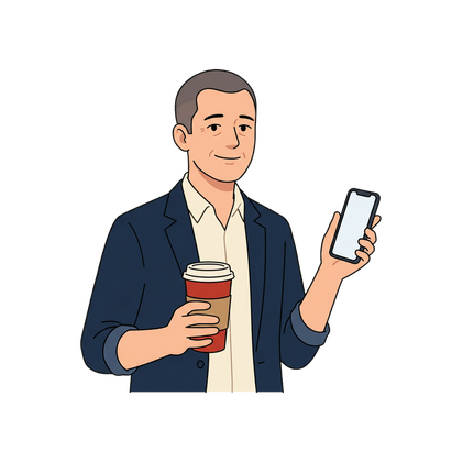 An illustrated long-term foreign resident holding a coffee and a phone