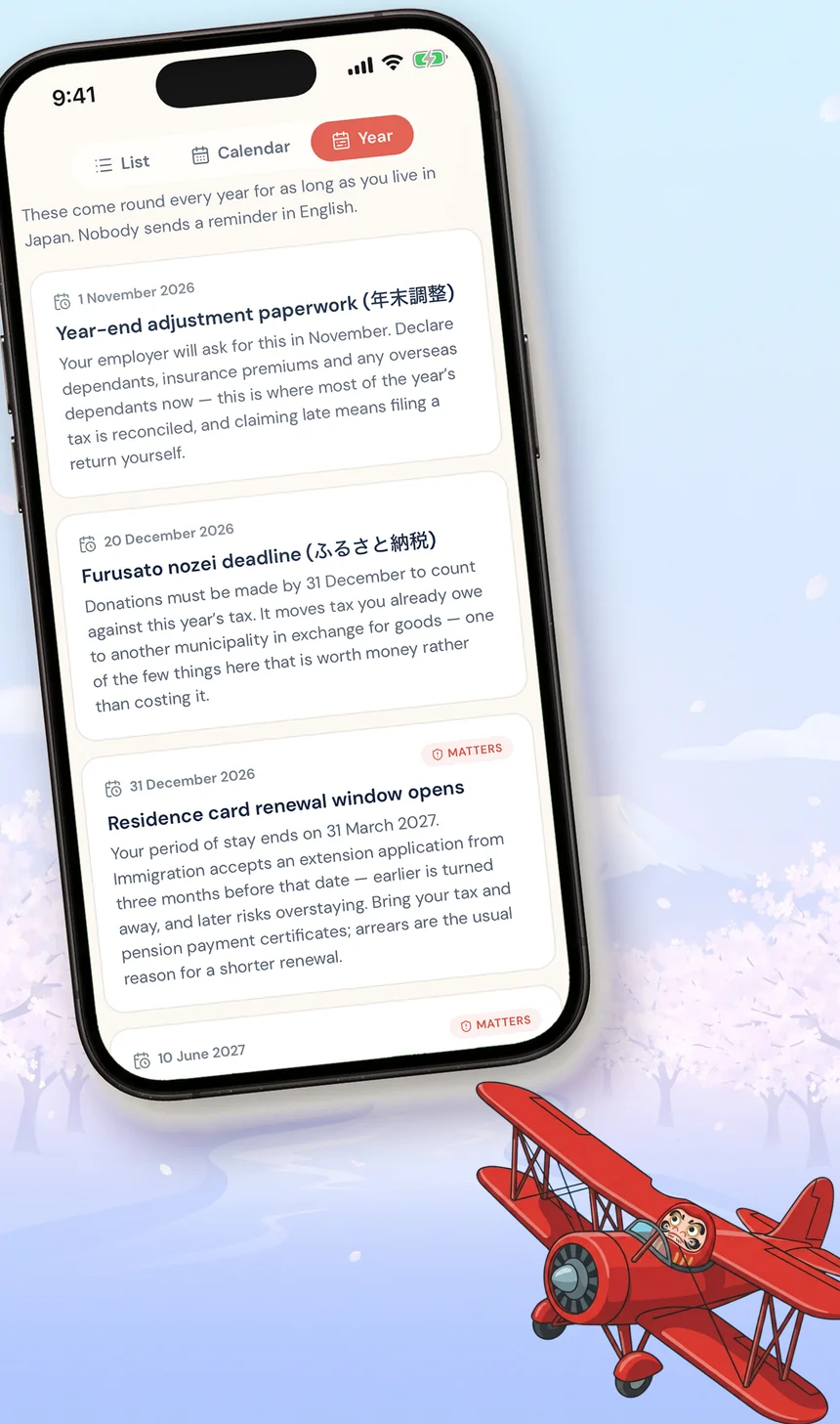 A year view listing recurring Japanese deadlines: year-end tax adjustment, furusato nozei, and the residence card renewal window.